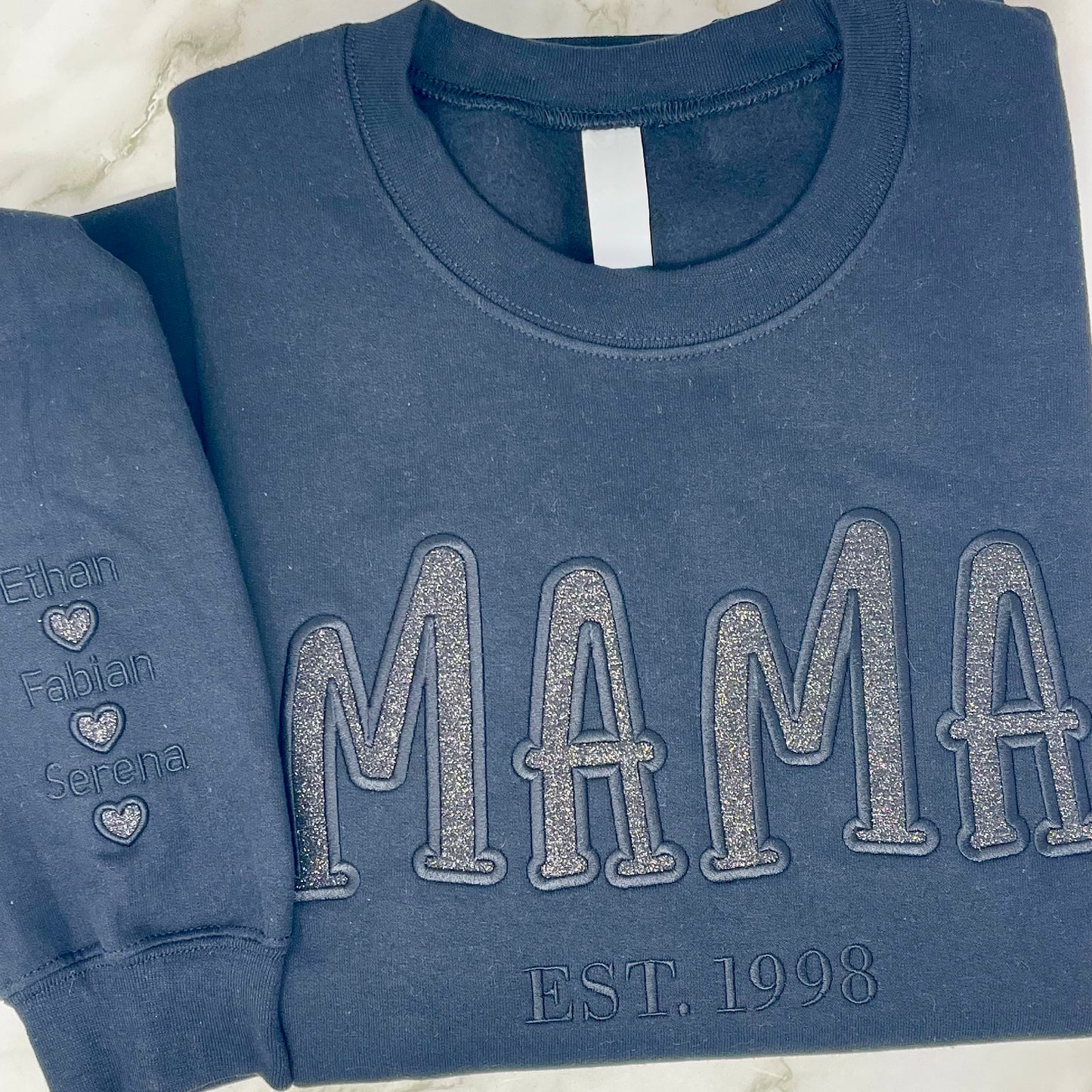 Embroidered Mama Sweater with Glitter Vinyl – Custom Cozy Crewneck or Hoodie