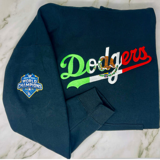 Los Angeles Dodgers Embroidered Sweater – Mexican Flag & Back-to-Back Champions Sleeve Baseball Fan Apparel