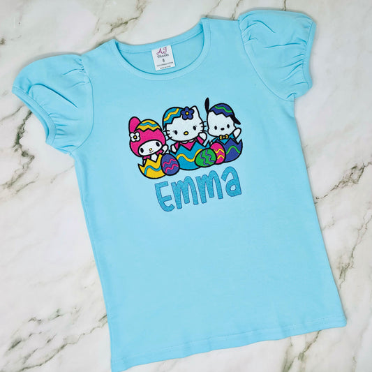 Girls Embroidered Easter Hello Kitty Shirt | Cute Kids Easter Hello Kitty Shirt | Personalized Spring Hello Kitty Tee