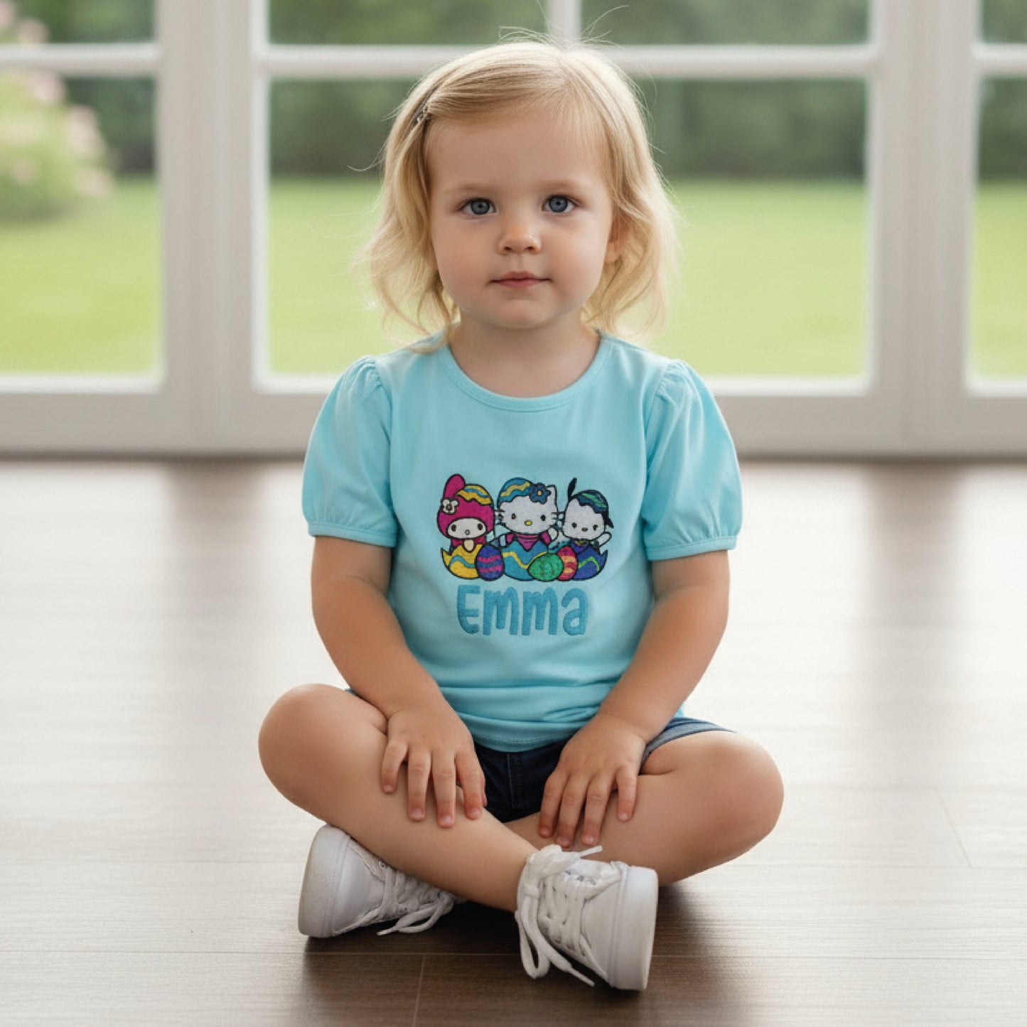 Girls Embroidered Easter Hello Kitty Shirt | Cute Kids Easter Hello Kitty Shirt | Personalized Spring Hello Kitty Tee