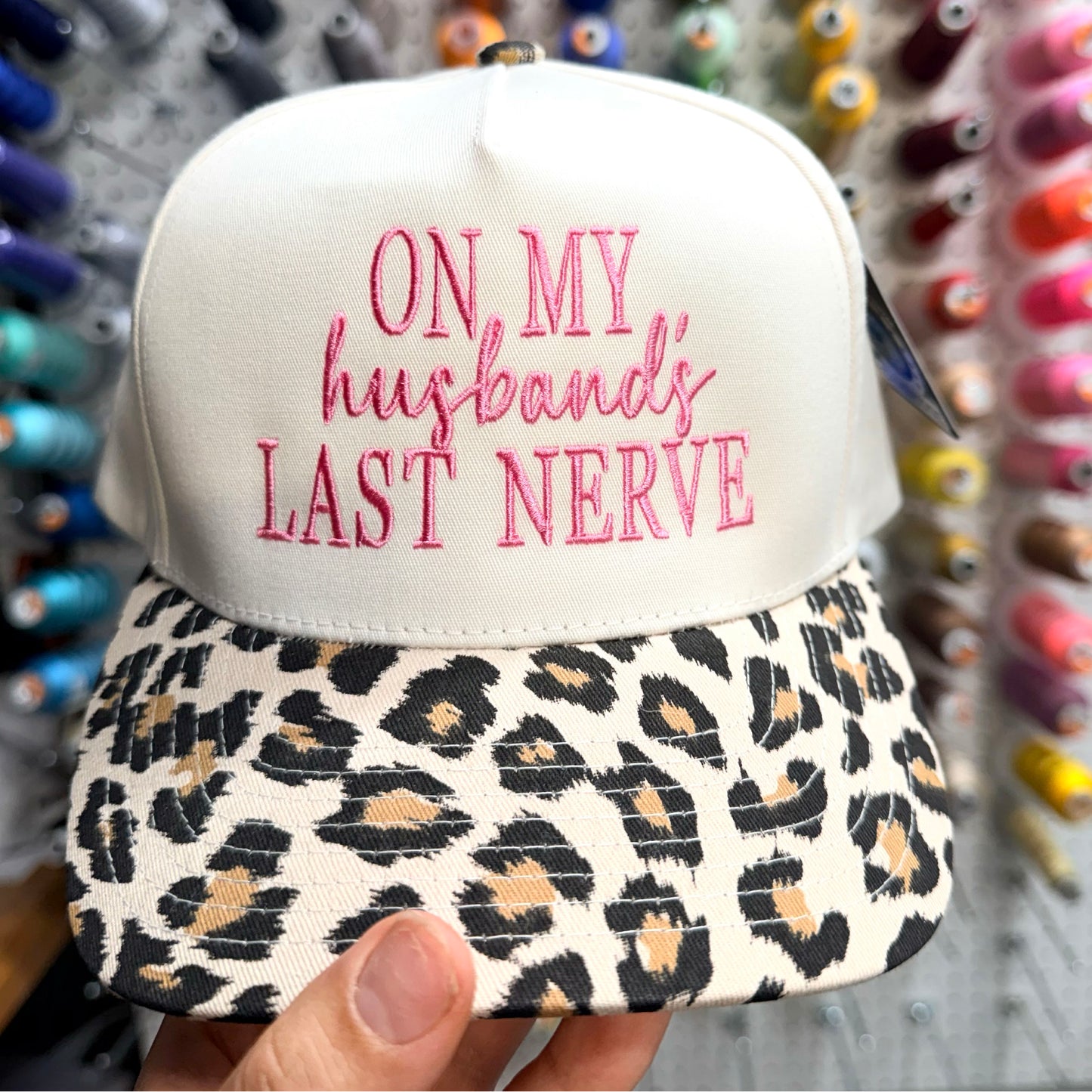 On My Husband's Last Nerve Embroidered Hat Funny Wife Leopard Print Snapback Hat