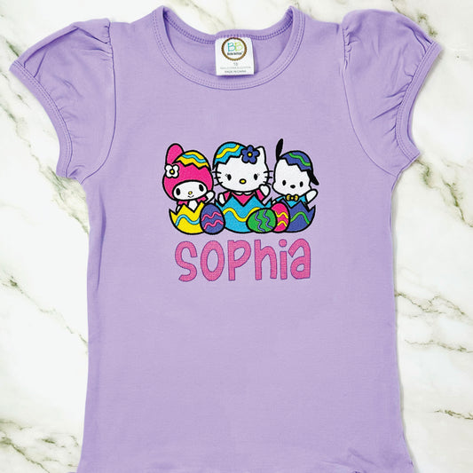 Girls Embroidered Easter Hello Kitty Shirt | Cute Kids Easter Hello Kitty Shirt | Personalized Spring Hello Kitty Tee