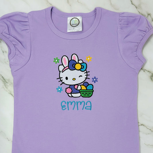 Girls Embroidered Easter Hello Kitty Shirt | Cute Kids Easter Hello Kitty Shirt | Personalized Spring Hello Kitty Tee