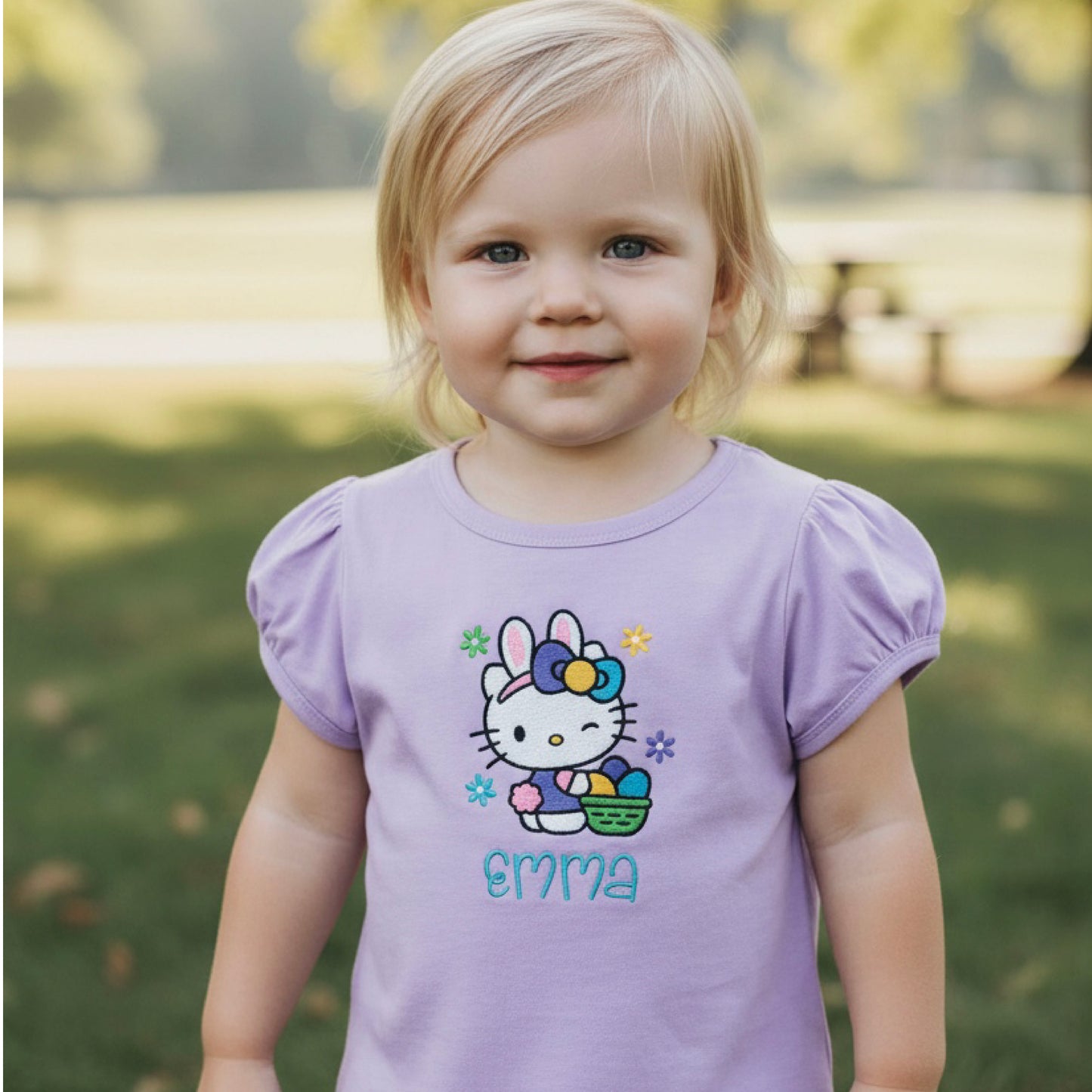 Girls Embroidered Easter Hello Kitty Shirt | Cute Kids Easter Hello Kitty Shirt | Personalized Spring Hello Kitty Tee