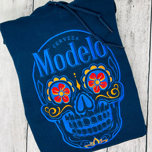 Cerveza Modelo Embroidered Calavera Hoodie – Day of the Dead Skull Design