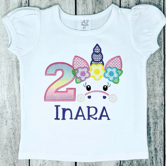 Unicorn Birthday Shirt With Age and Name Embroidered