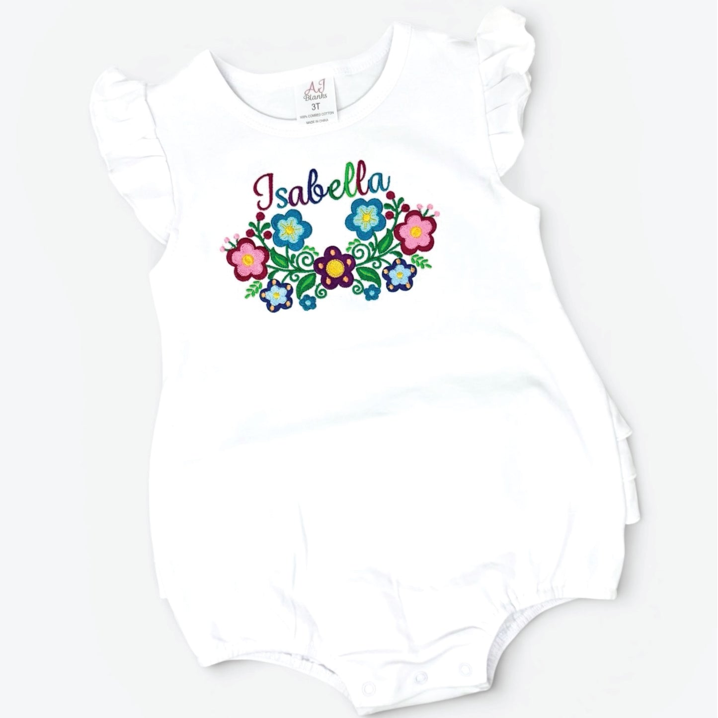 Mexican Floral Personalized Baby Outfit | Custom Embroidered Name Romper