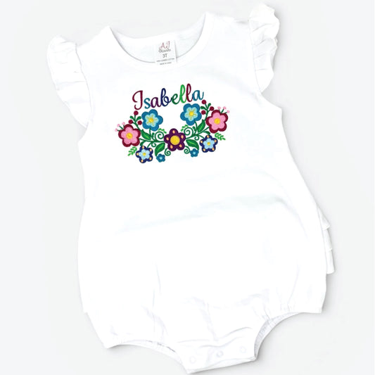 Mexican Floral Personalized Baby Outfit | Custom Embroidered Name Romper