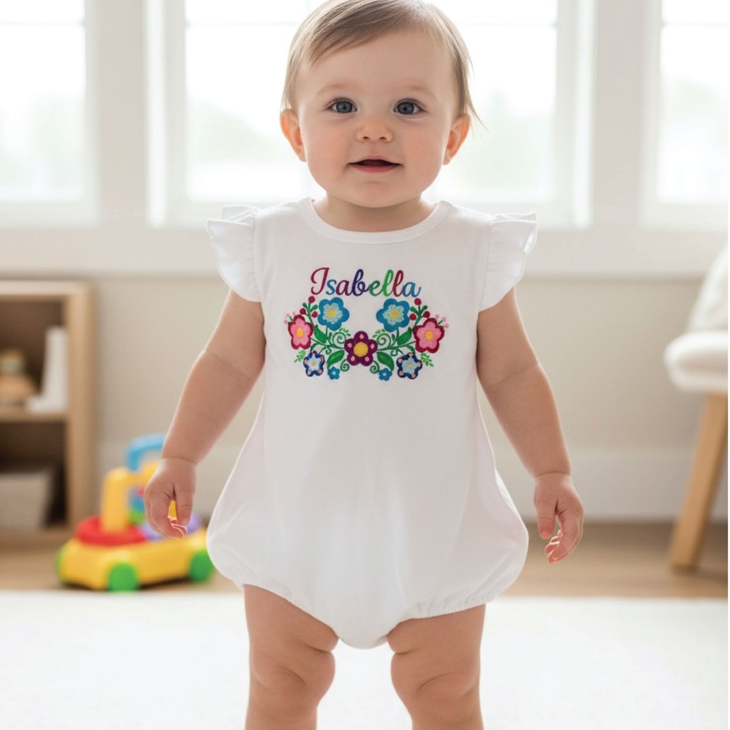 Mexican Floral Personalized Baby Outfit | Custom Embroidered Name Romper